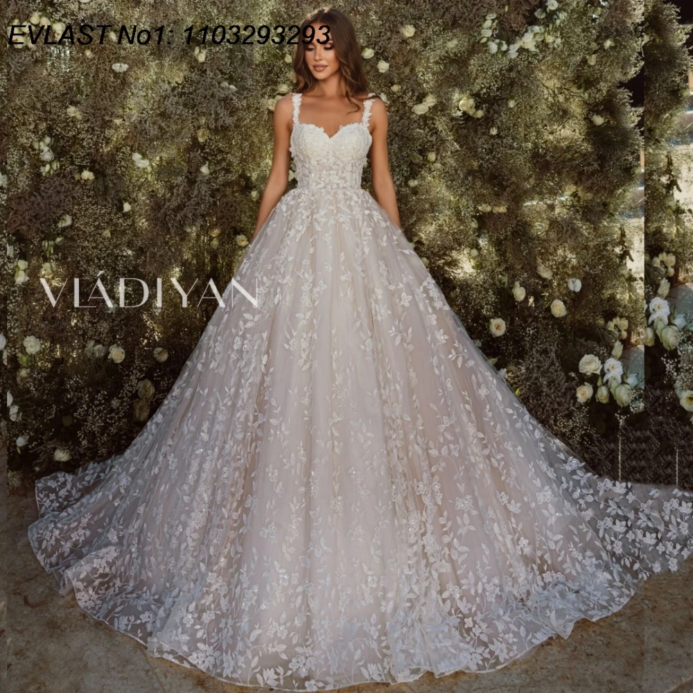 

EVLAST Customized Romantic A Line Wedding Dress Floral Lace Appliques Beading Shiny Wedding Bridal Gown Robe De Mariee TBD127
