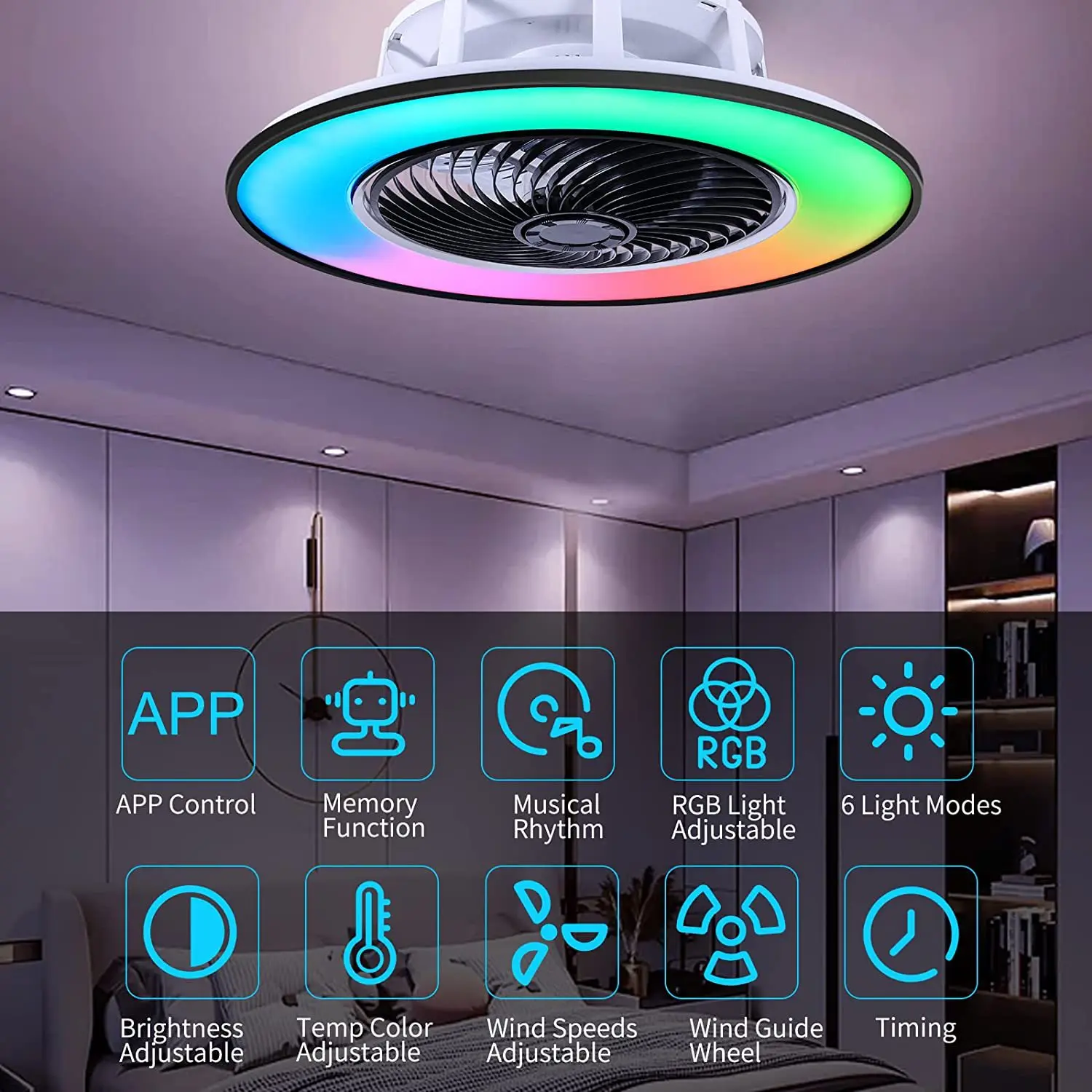 56CM Ceiling Fan Chandelier With Led Light Remote Control Smart Bluetooth Electric Silent Fan 3 Speed Wind For Bedroom Decor