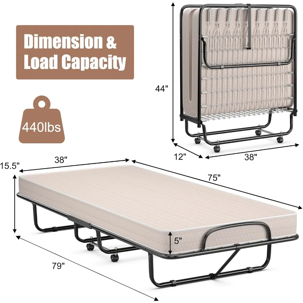 FoldingBedwithMattress with Memory Foam Mattress,Portable Fold Up Guest Bed with Sturdy Steel Frame on Wheels for Home