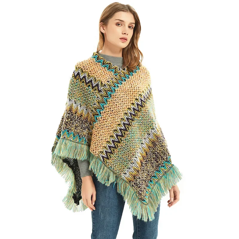 

New Patchwork Shawl Knitted Striped Print Cardigans Women Poncho Autumn Winter Clothing Sleeveless Sweater Cape Coats T237