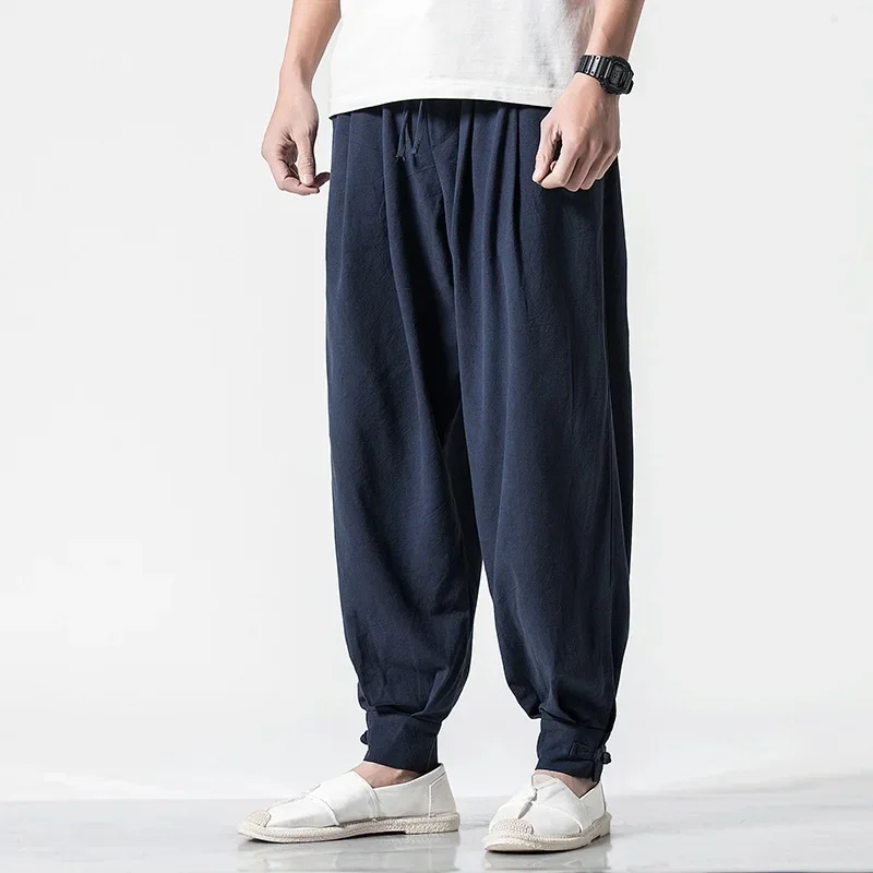 Chinese Style Summer Men Linen Pants 2024 Men Wide Leg Japanese Trousers Male Drop Crotch Hiphop Man Joggers Harem Pants 12119