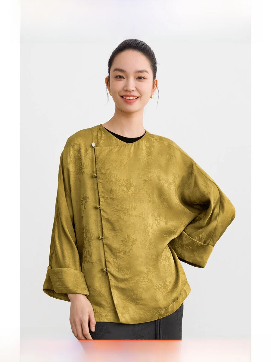 

ROCO Новая китайская шелковая блузка с вышивкой в стиле бамбукового узора, с пуговицами-узелками, прямого кроя, с длинными рукавами, круглым вырезом...