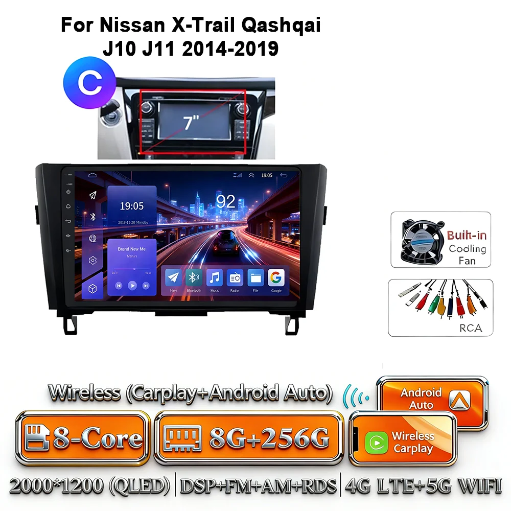 8-Core Android 17 2Din autoradio voor Nissan X-Trail Qashqai J10-J11 2014-2019 draadloze Carplay 4G GPS DSP BT dubbele lens