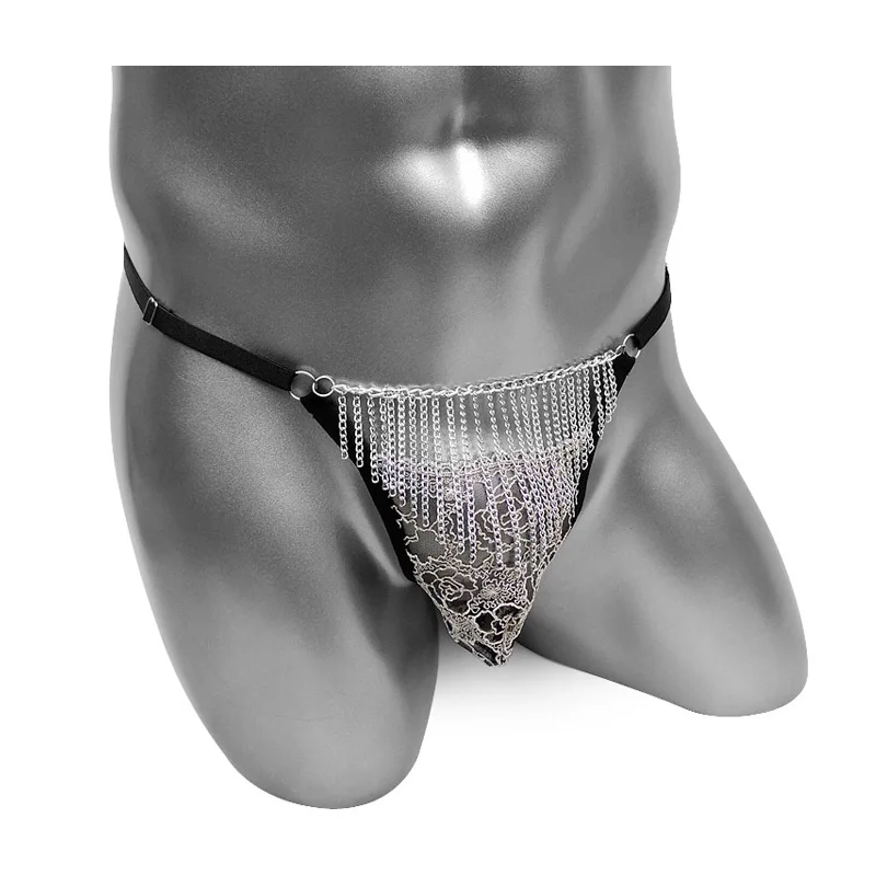 

Funny Lace Mens Thong Jockstrap Underwear Sexy Sissy Panties Lingerie With Alloy Chain Tassels Low Rise Belt Male Underpants