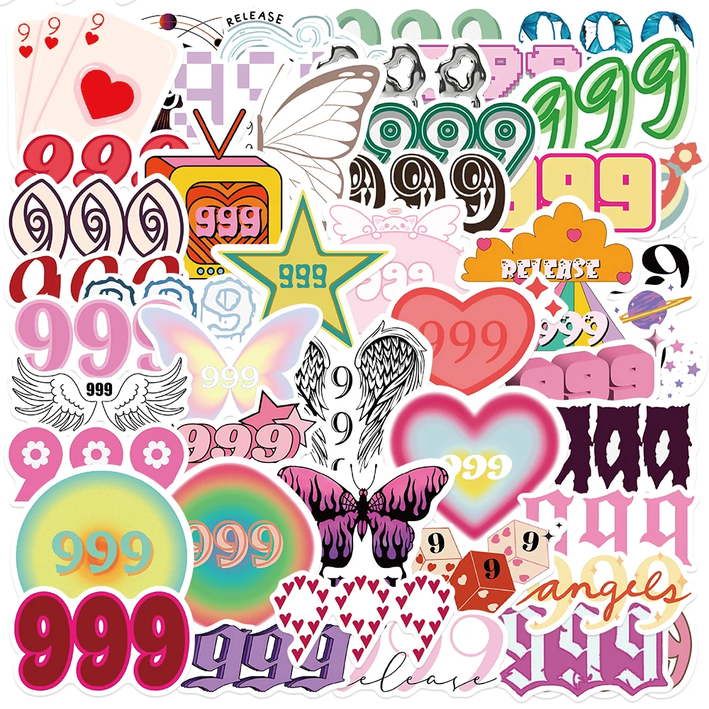 50pcs Colorful Cartoon Angel Number 999 Stickers for Phone Laptop Water Bottle Luggage Bike Notebook Waterproof Graffiti Decals