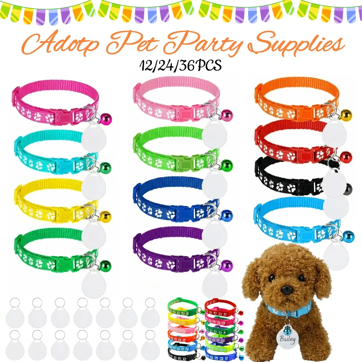 12-36er Set Adopt-a-Puppy Partyzubehör, Tierbedarf, Verstellbare Hundehalsbänder mit ID-Karte für Partydekoration, DIY-Bastelbedarf
