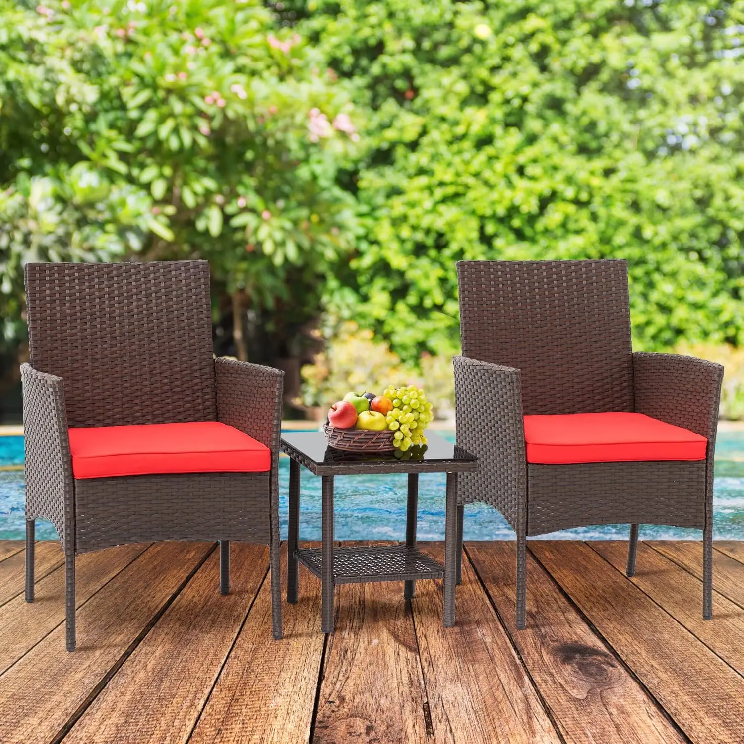 FDW 3-piece set wicker chair furniture outdoor furniture set 2 wicker chairs with cushions and glass