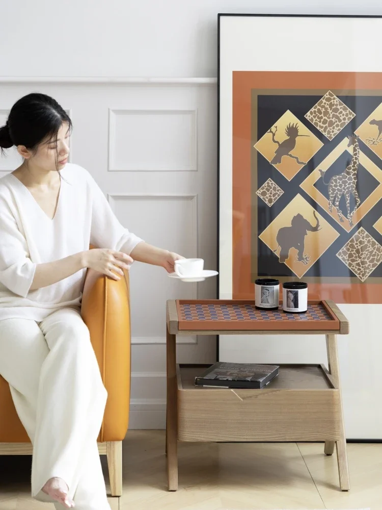 "Removable tray" multi-purpose! French elm solid wood bedside table with drawers