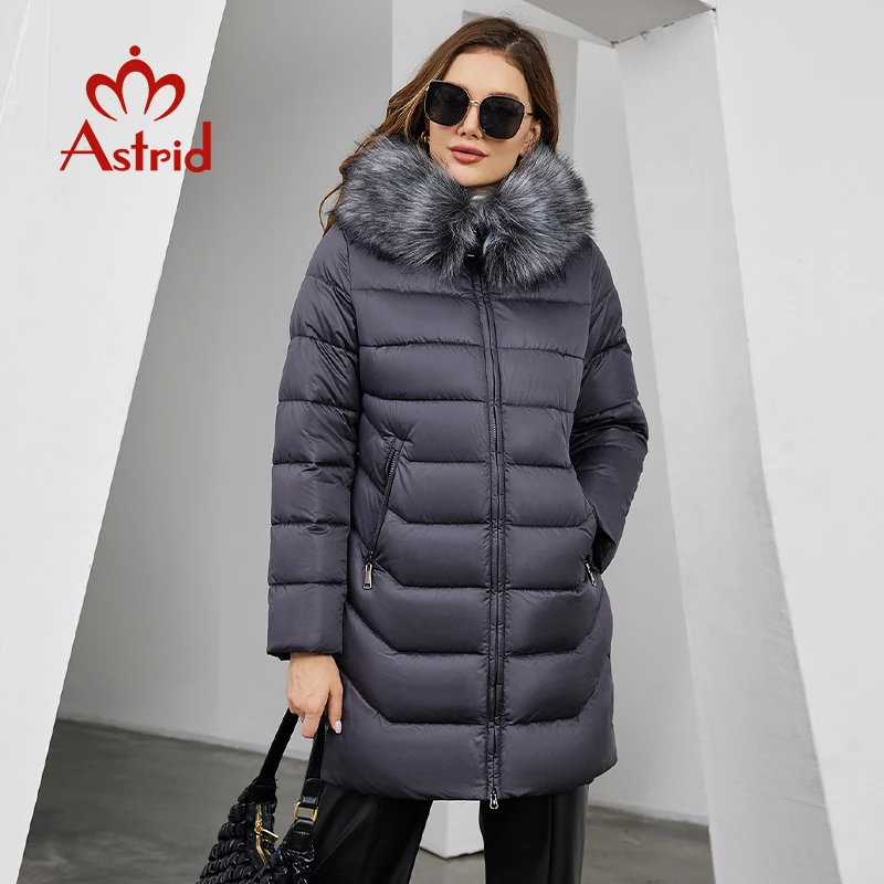 Astrid Women\'s Winter Parka Coats with Natural Fur Collar Hooded Belt Long Quilted Jackets Thick Warm Female Padded Overcoat