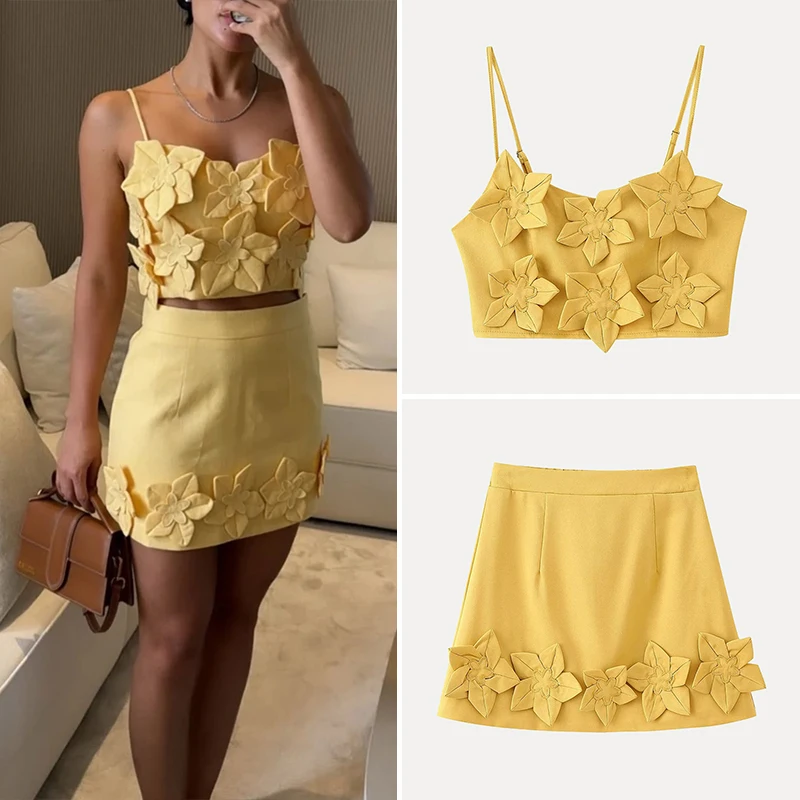 

Z 2025 New Summer Faion Set with Floral Decoration ter Skirt And Top Women's Polyester Fiber ort Sve V-Ne