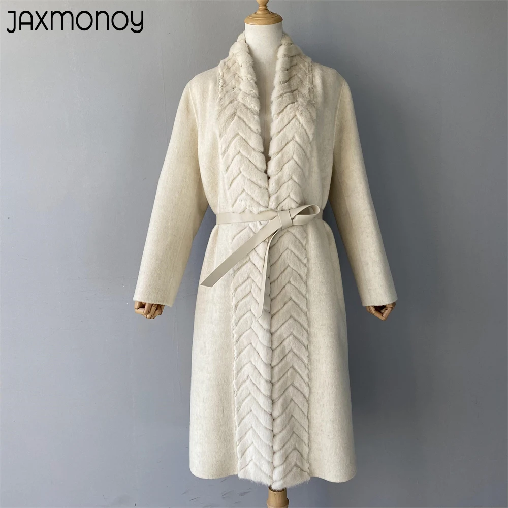 

Jaxmonoy Cashmere Coats Women Winter 2022 New Style Fashion Mink Fur Trim Long Trench Ladies Elegant Belt Slim Outerwear Autumn