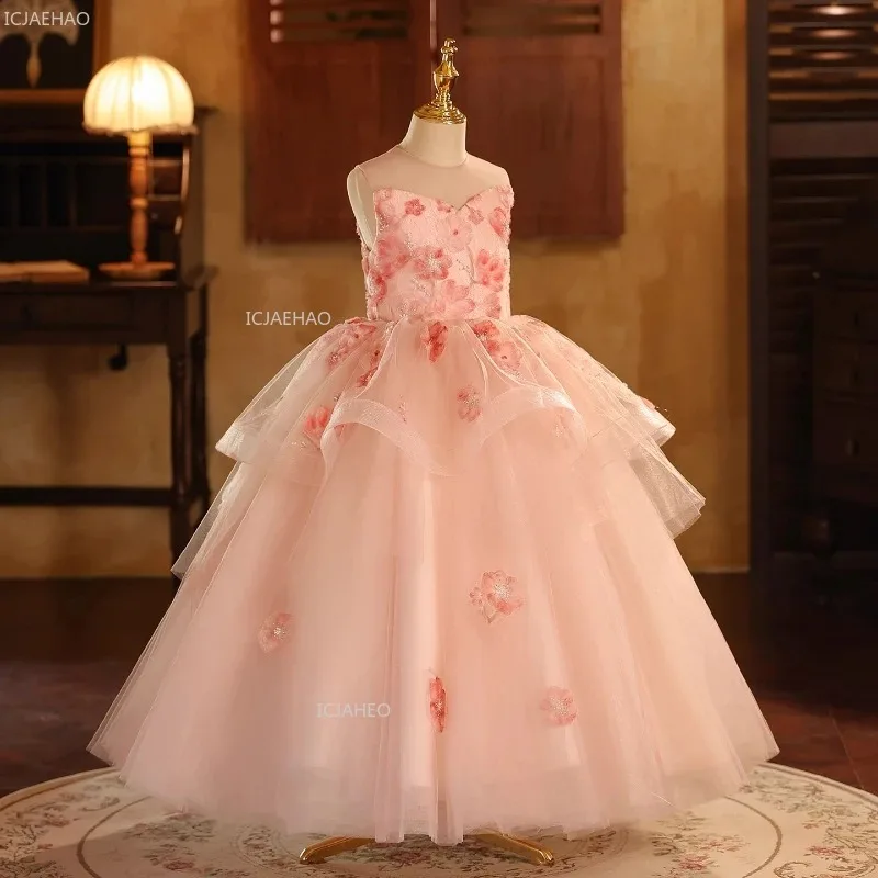 Pink Girls Princess Party Dress Flower Performance Kids Fashion Show Pageant Girl Wedding Gown for Birthday Children Host Piano