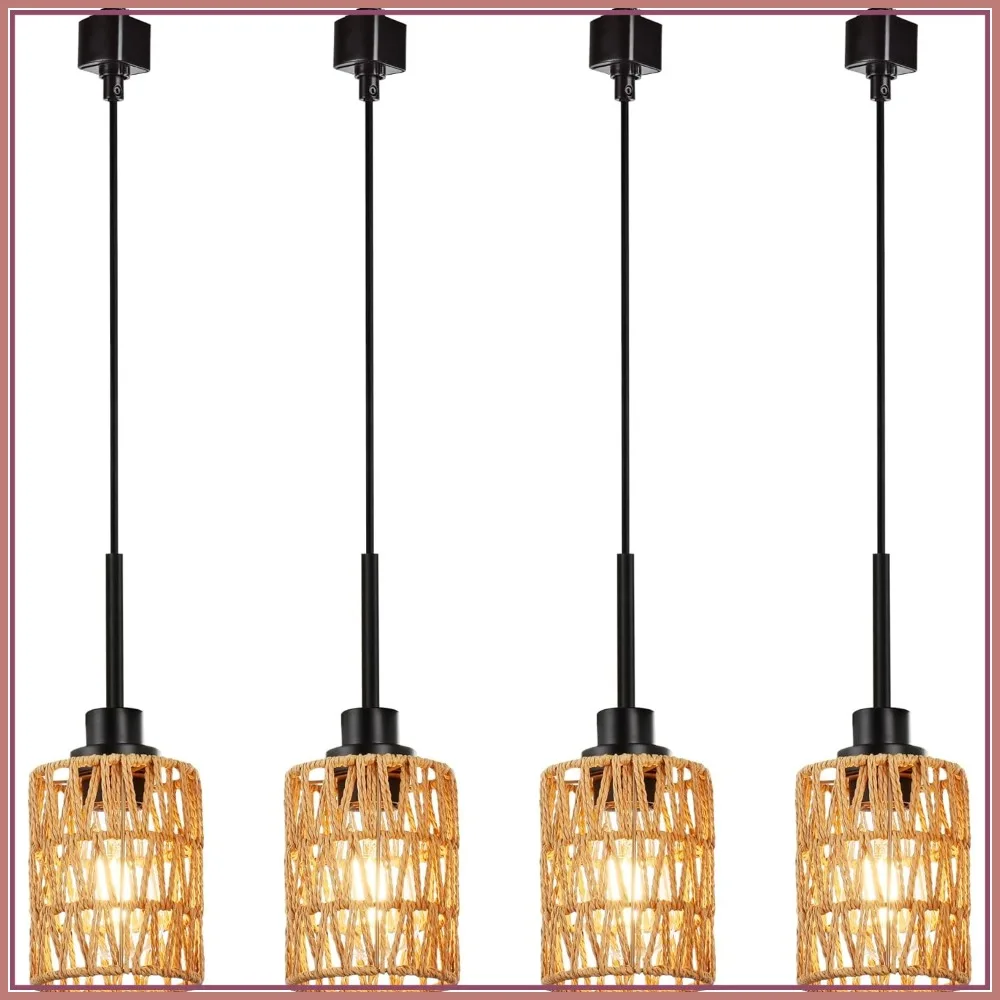 H-Type Track Hanging Light, Rattan Pendant Fixture for Kitchen Island Dining Room Restaurant, Compatible with E26 Socket