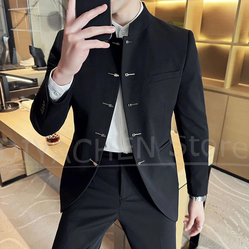 

Мужские костюмы, модный однобортный мужской костюм с металлической пряжкой, тонкий бутик, умный повседневный смокинг для свадебной вечеринки (пиджак + брюки)