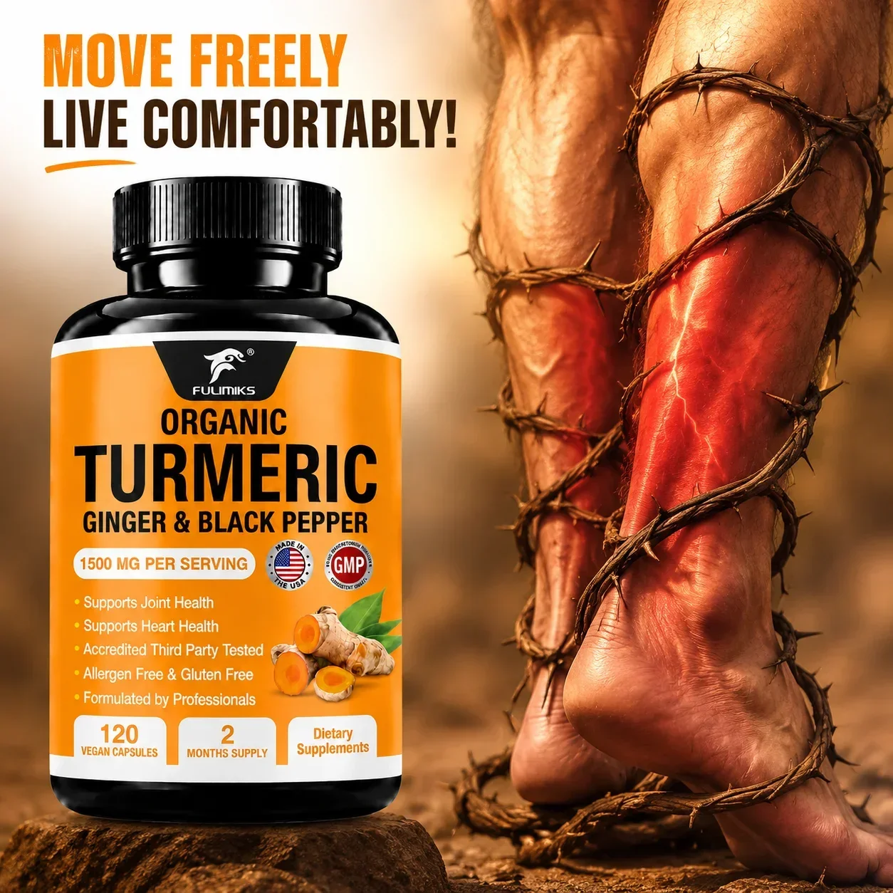 Organic Turmeric Ginger Black Pepper Ginger, Support Heart & Cardiovascular, Joint Health, Antioxidant, Absorption, Flexibility