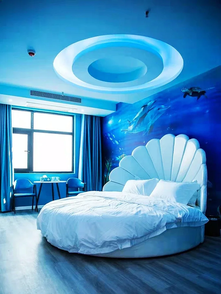 round Bed Bed & Breakfast Furniture Theme Hotel Water Bed-Head Apartment Shadow Coffee Light Luxury Simple Modern Electric Shell