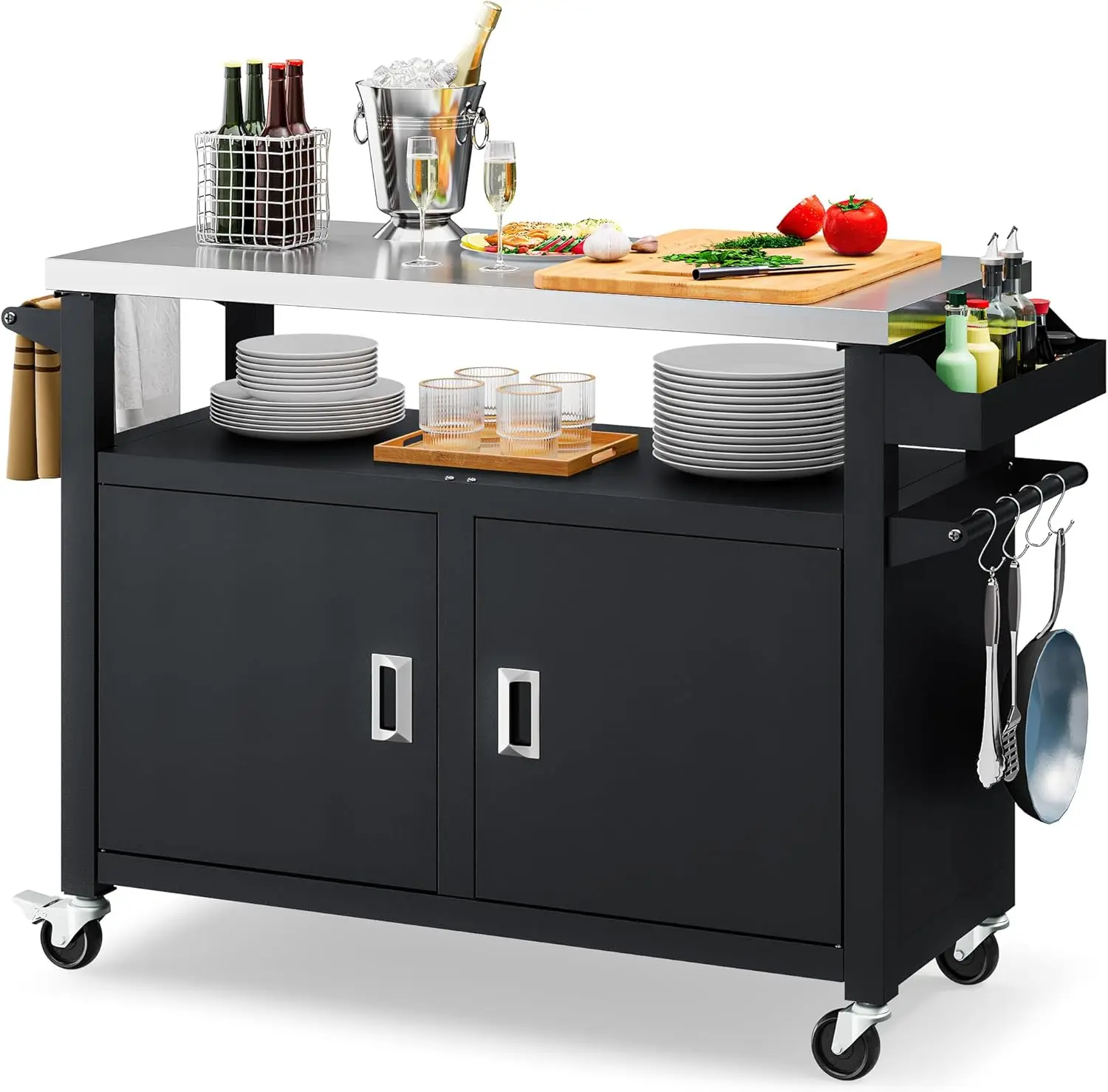 

XL Outdoor Grill Cart with Stainless Steel Top, Outdoor Grill Table with Storage Cabinet for Patio, Kitchen Prep