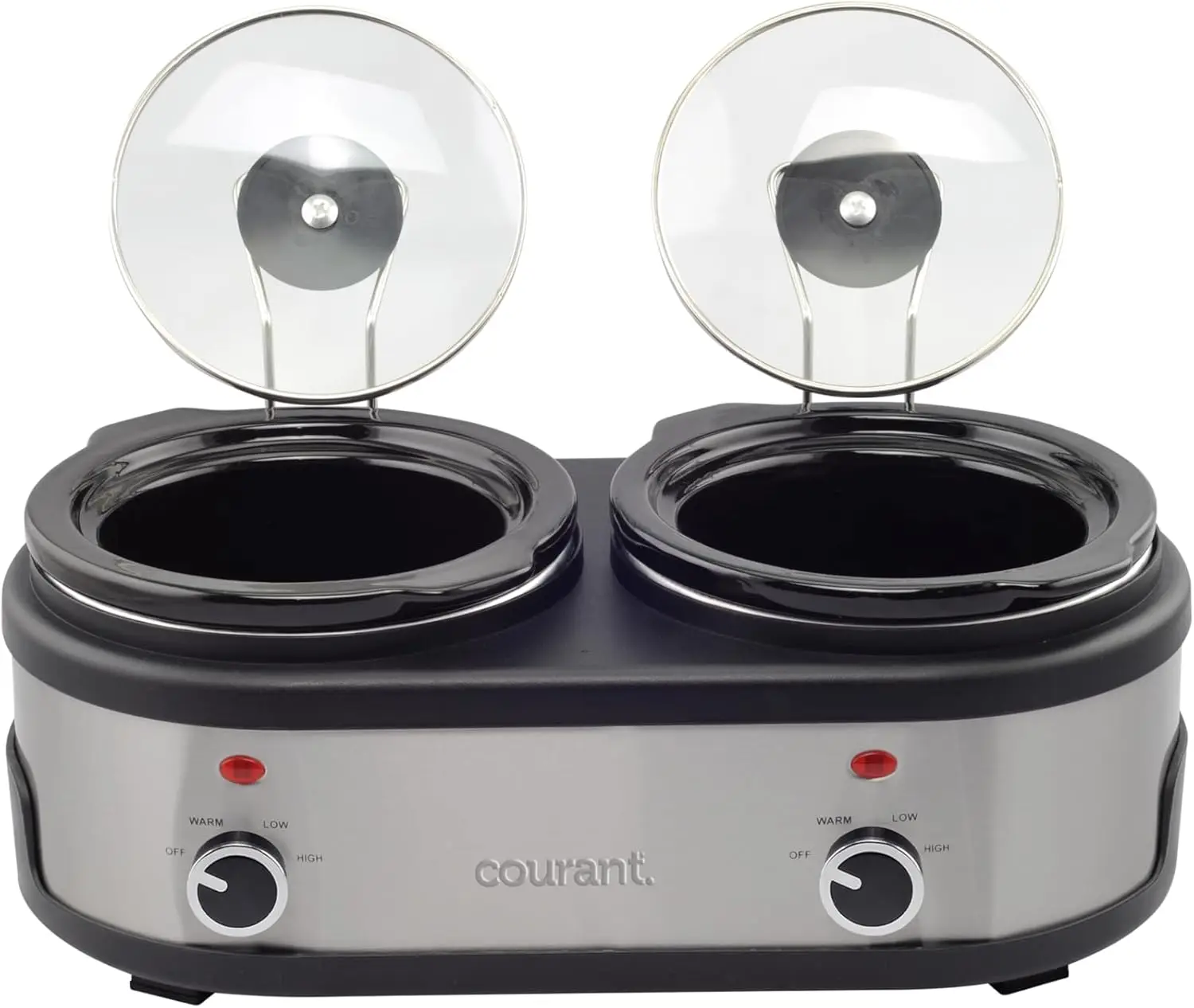 Pentola a cottura lenta doppia da 3,2 litri (1,6 Qt ciascuno) con impostazioni calde, pentole antimacchia e coperchi in vetro - Acciaio inossidabile