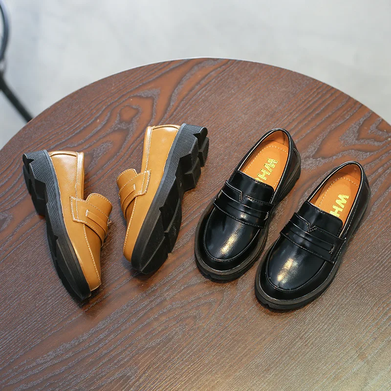 British Style Autumn Kids Loafers Children Non-slip Little Leather Shoes Toddler Boy Shoes Black Thick Bottom Kids Dress Shoes