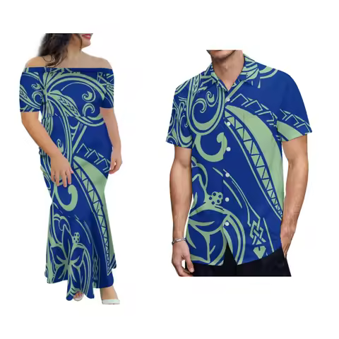 Samoan Floral Print Custom Couple Dress Shirt Pattern Polynesian Summer One-Shoulder Slimming Design Women'S Evening Dress