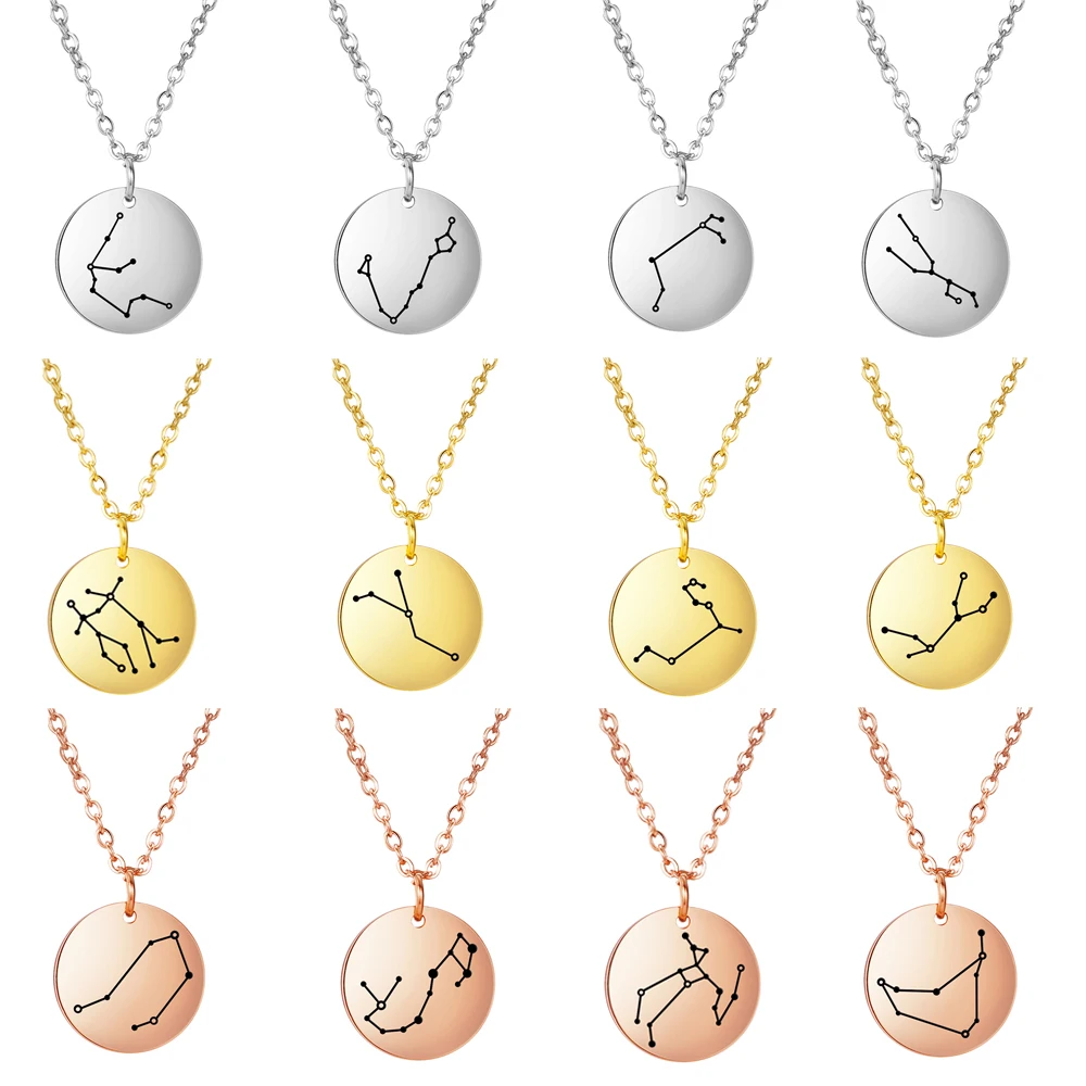 Skyrim Stainless Steel Zodiac Necklace Women Girls Twelve Constellation Leo Gemini Taurus Aries Libra Virgo Pendant Necklaces