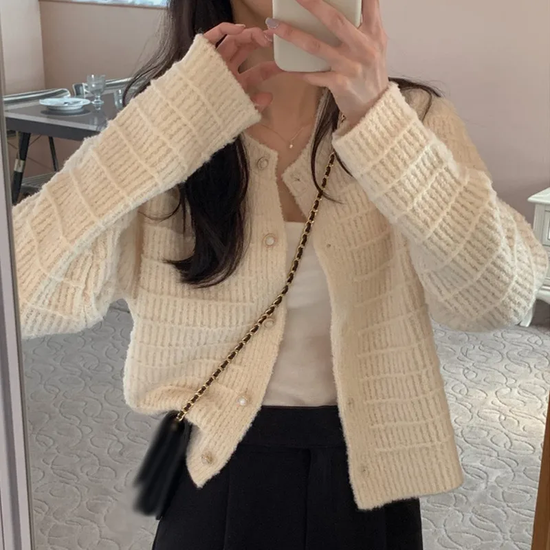 Cardigan Loose Knitted Sweater Retro Round Neck Fragrant Style Textured Weaving Casual Autumn and Winter Long Sleeved Top