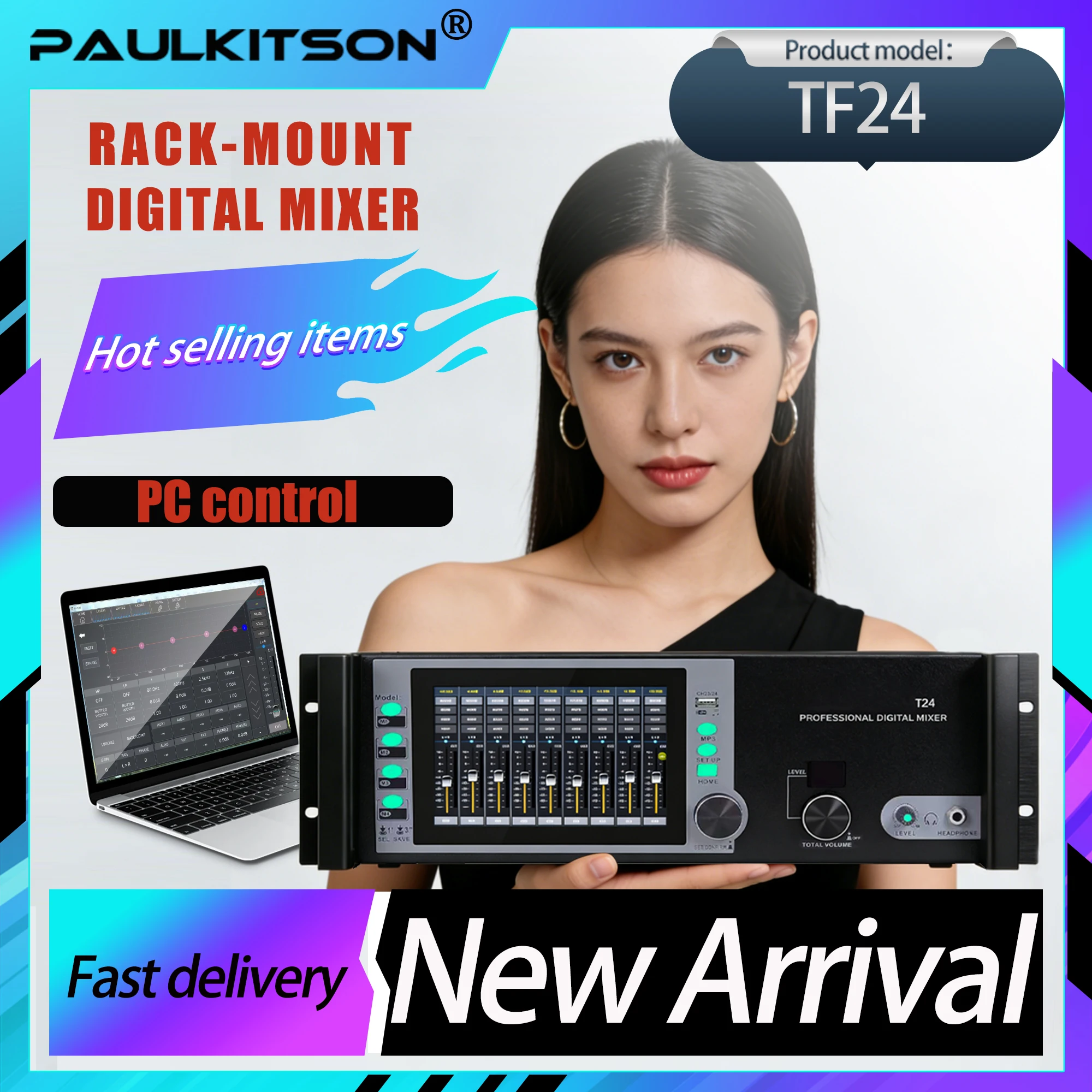 

Paulkitson TF24 Rack-Mount Professional Digital Mixer PC Control Audio Mixing Console For Stage Live Show KTV Wedding Church