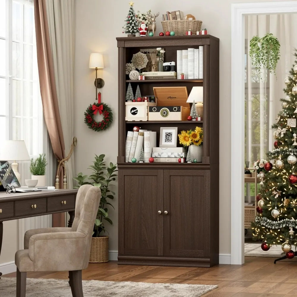 71.3 Tall Bookcase with Doors, 5 Shelf Bookcase Storage Cabinet & File Cabinet, Farmhouse Wood Bookshelf