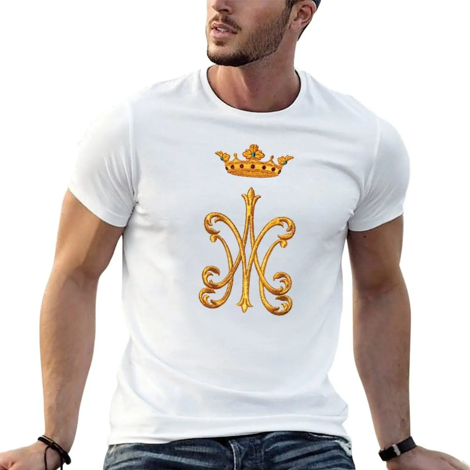 Presentes católicos divertidos - Símbolo de monograma Ave Maria branco |   Loja e cafeteria católica para presentes de batismo, camiseta para presente de confirmação