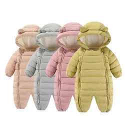 2024 New Winter Baby Hooded  Jumpsuit 0-2 Y Infant Cute Solid Color Fur Lining Romper Toddler Add Fleece Outwear Baby Clothes