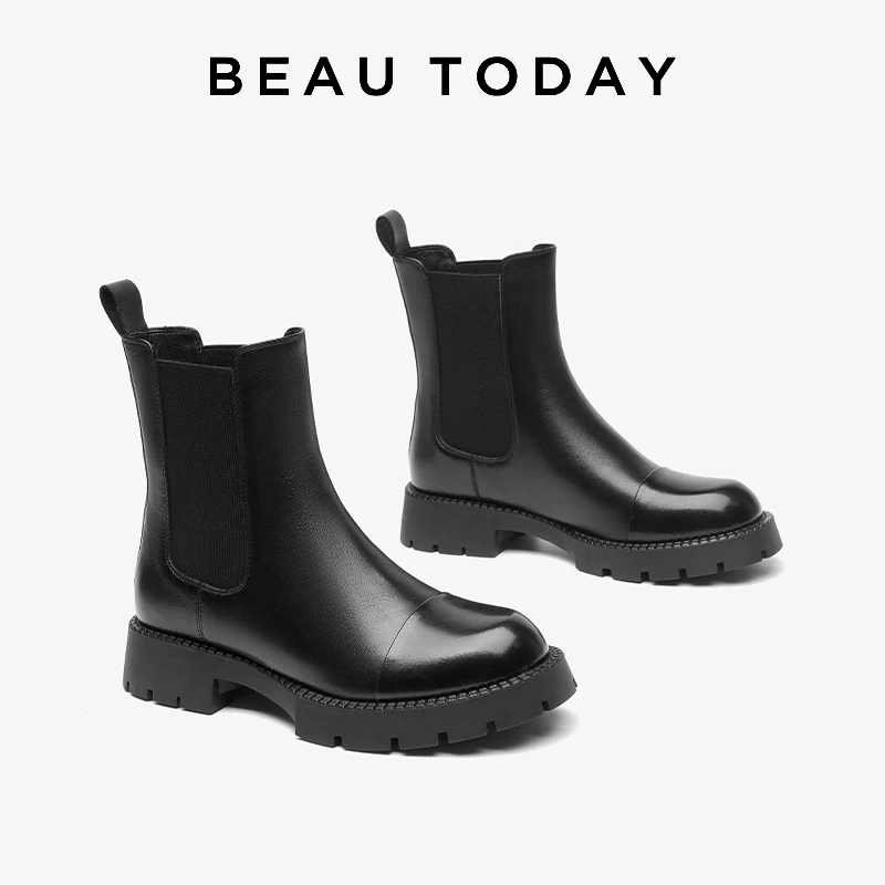 BEAUTODAY Chelsea Boots Women Genuine Cow Leather Solid Color Round Toe Slip-on Ankle Boot Winter Ladies Shoes Handmade 03D07