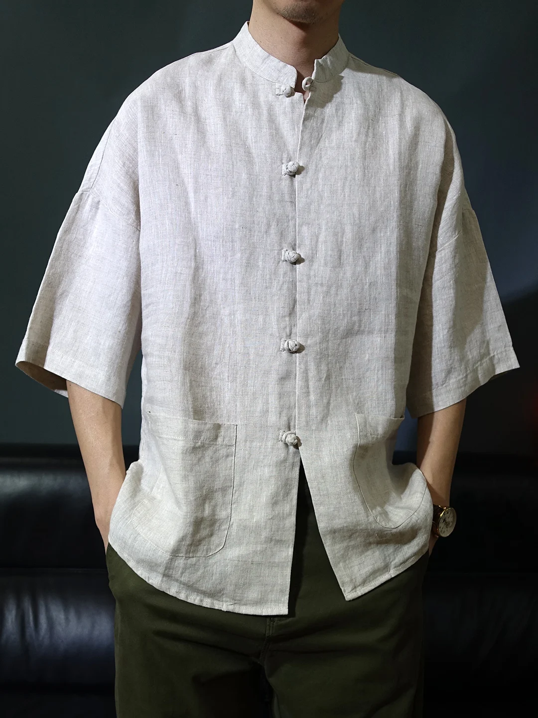 summer-men's-casual-shirt-half-sleeve-pure-linen-stand-collar-button-down-tang-costume-thin-style-father's-new-chinese-style