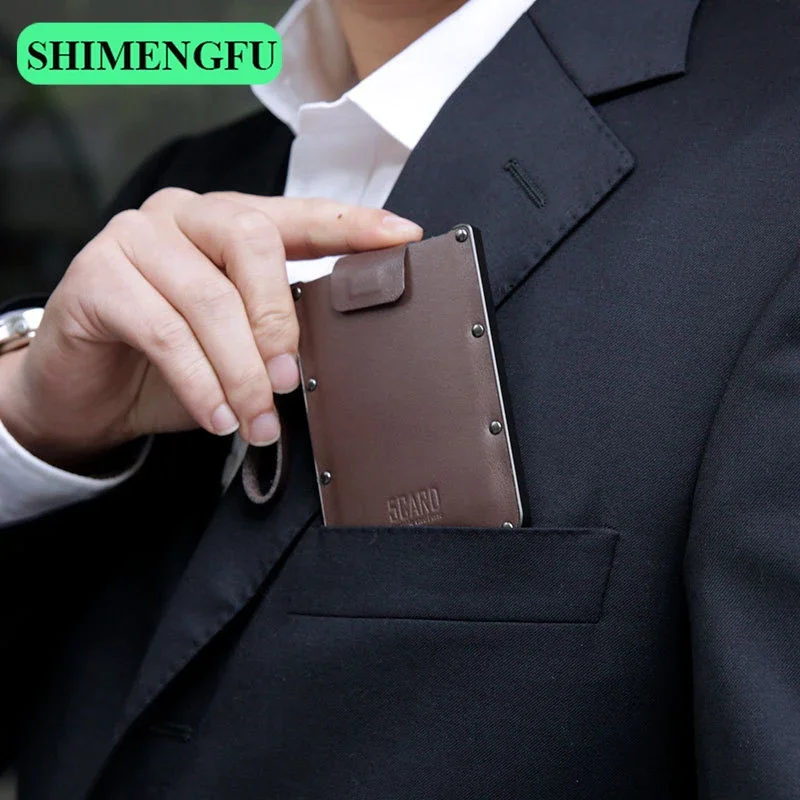Slim Genuine Leather Credit Card Holder for Men Anti-RFID Aluminum Wallet Business Cardcase Key Coin Purse