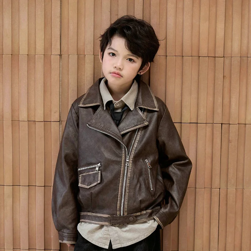 

Spring and Autumn Children's Leather Jacket Waterproof PU Boys' Coat Fashion Collar Casual Children's Clothing 2-12 Years RM113