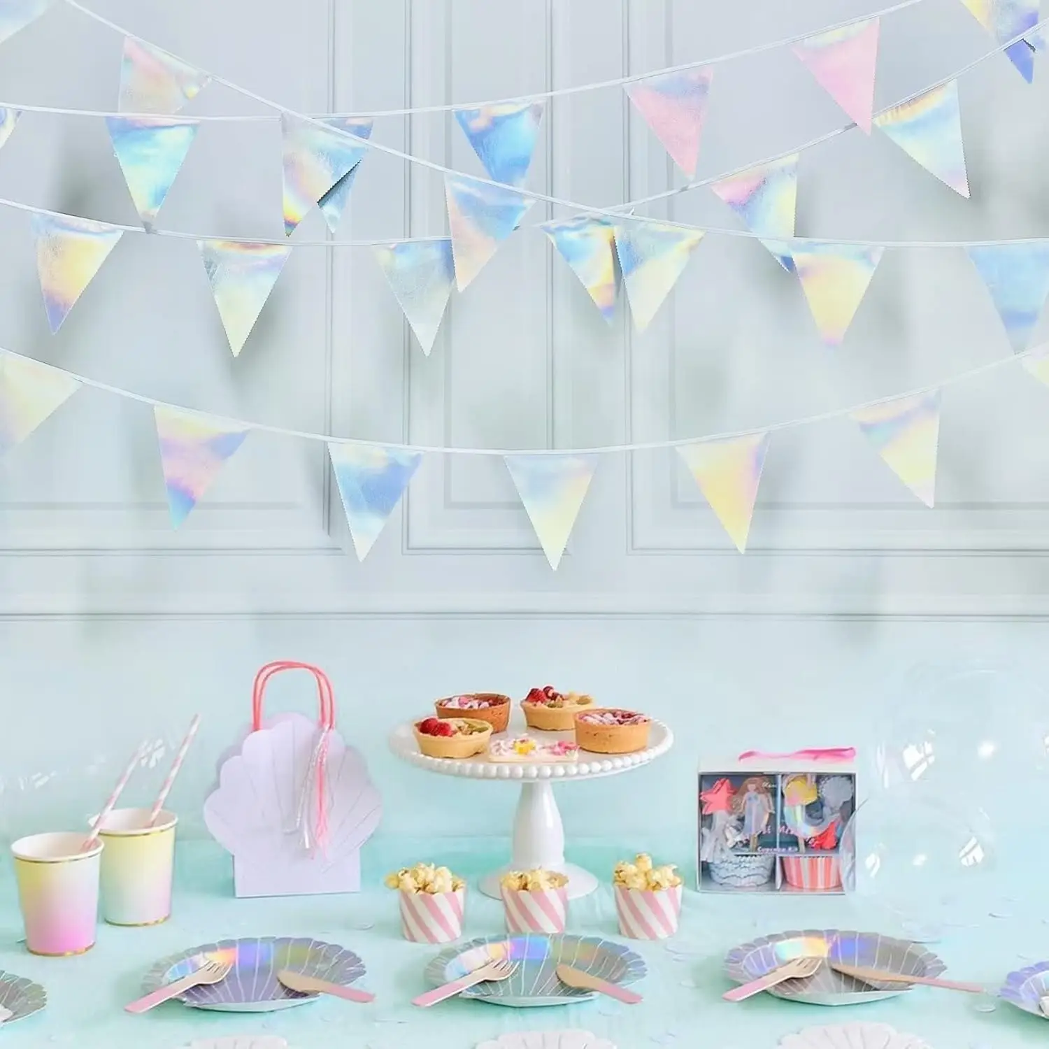 Iridescent Mermaid Birthday Party Decorations Holographic Fabric Triangle Pennant Banner Flag Bunting Disco Galaxy Party Decor