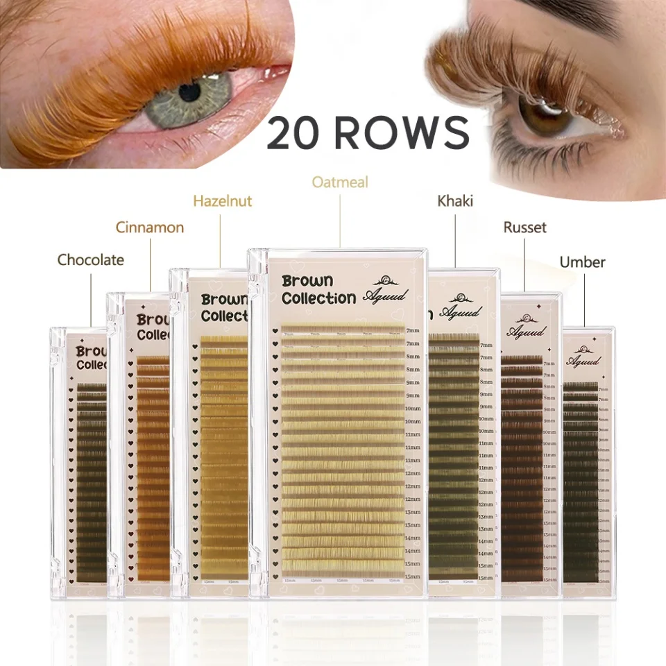 AGUUD Kakobraune Wimpernverlängerungen, 20 Reihen, einzelne, braune, farbige Wimpernverlängerungen, gemischt, 7–15 mm, natürliche, weiche, voluminöse Wimpern. – Detail 2