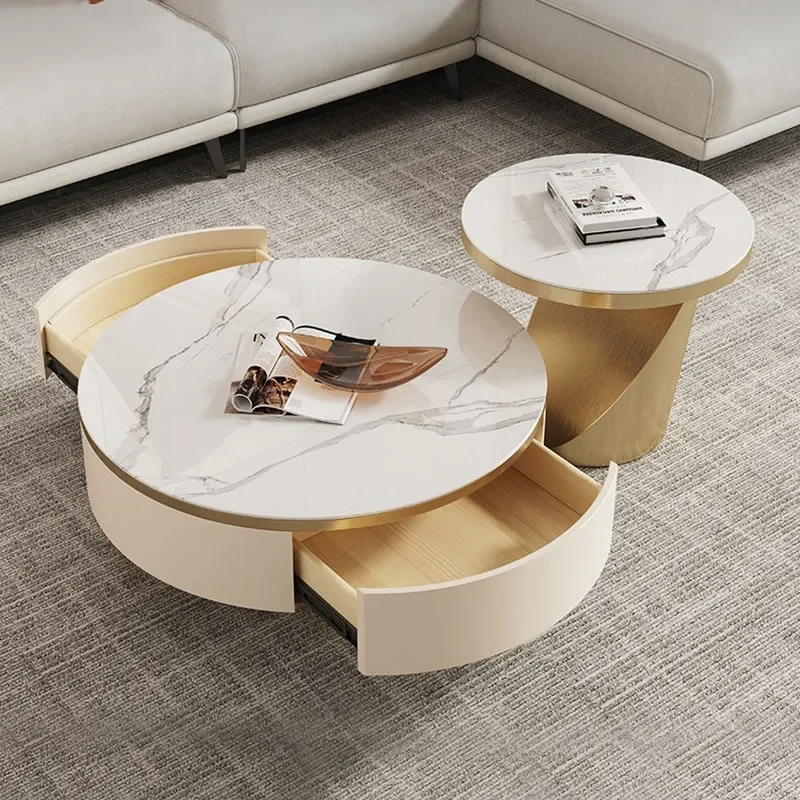 Light luxury rock slab coffee table round size combination TV cabinet combination modern simple small apartment living room