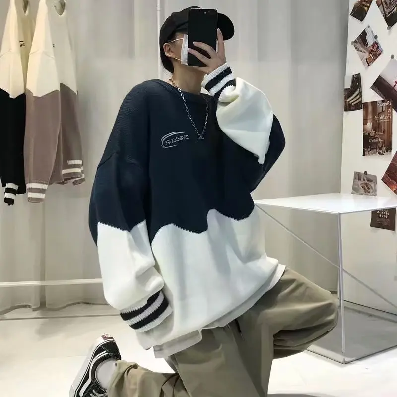 الكورية Sle فضفاضة تناسب جولة Ne مخطط اللون بلو تريكو مريحة عارضة طويلة Sve الرجال سترة Faionable الخريف... #2