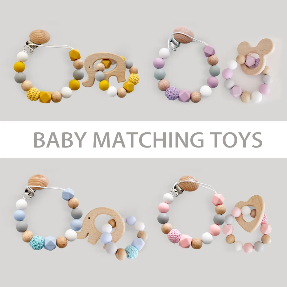 Baby Pacifier Chain Silicone Bead Wooden Beads Pacifier Clips Infant Nipple Appease Soother Chain Clips Dummy Holder Nipple Clip