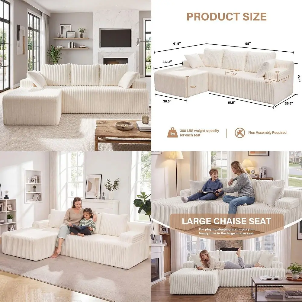 

Sectional LShape Cloud Seating with Memory Foam, Convertible 3Seat Living Room Furniture, Oversized Chaise Lounge, Washable Cov