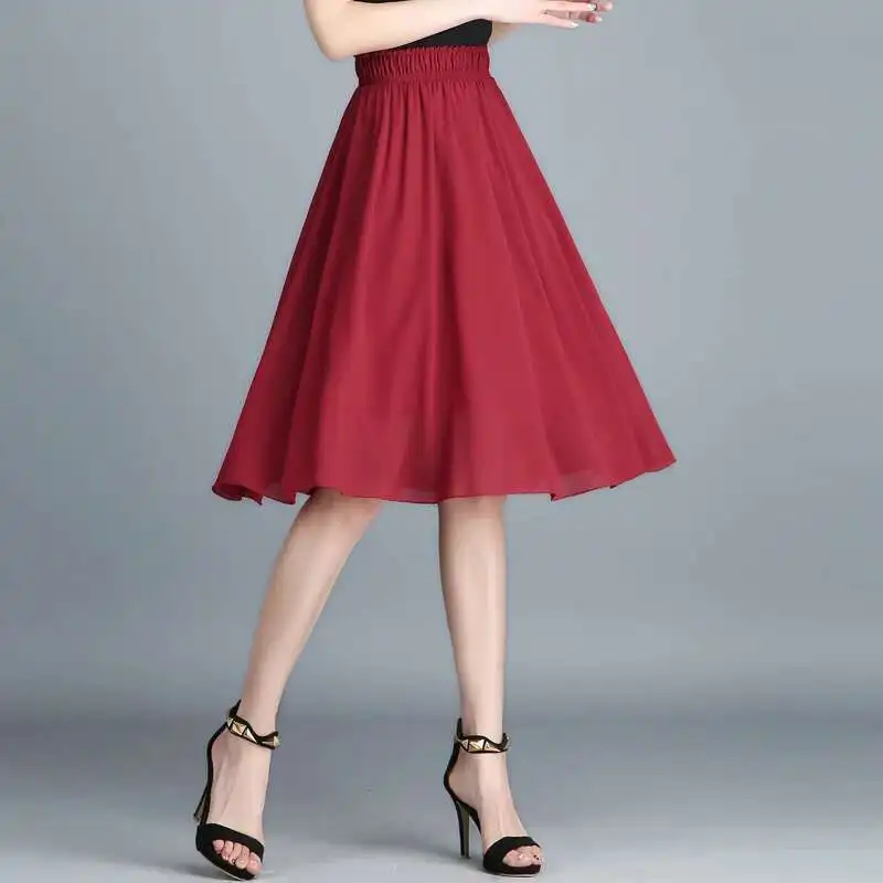 #1703 Black White Green Red Blue Chiffon Skirts Womens Elastic High Waist Pleated A-line Skirt Female Formal Skirt Knee Length
