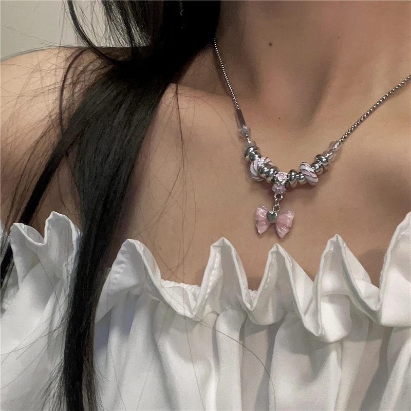 2023 New Punk Hip Hop Pink Bow Knot Multi-Element Beaded Clavicle Chain Bracelet Carnival Party Fashion Girl Jewelry Gift