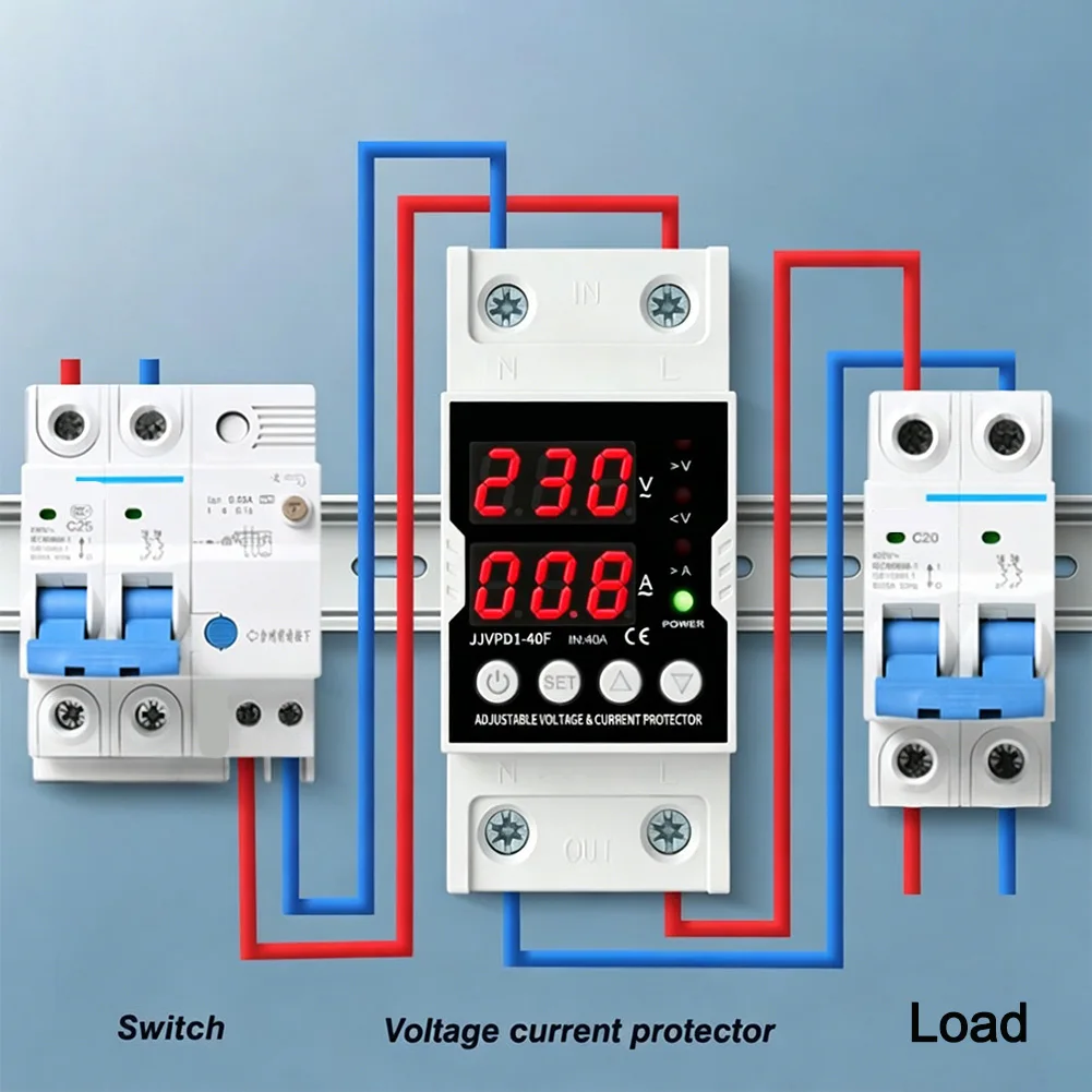 220V Single Phase Voltage Protector with Adjustable Overvoltage Undervoltage and Overcurrent Protection Ranges for Users