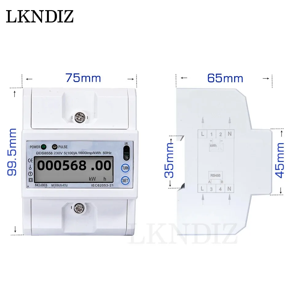 مقياس طاقة استهلاك كهربائي أحادي الطور 5 (100) شاشة Modbus-Rtu RS485 كيلووات في الساعة مع إضاءة خلفية لسكك الحديدية DIN