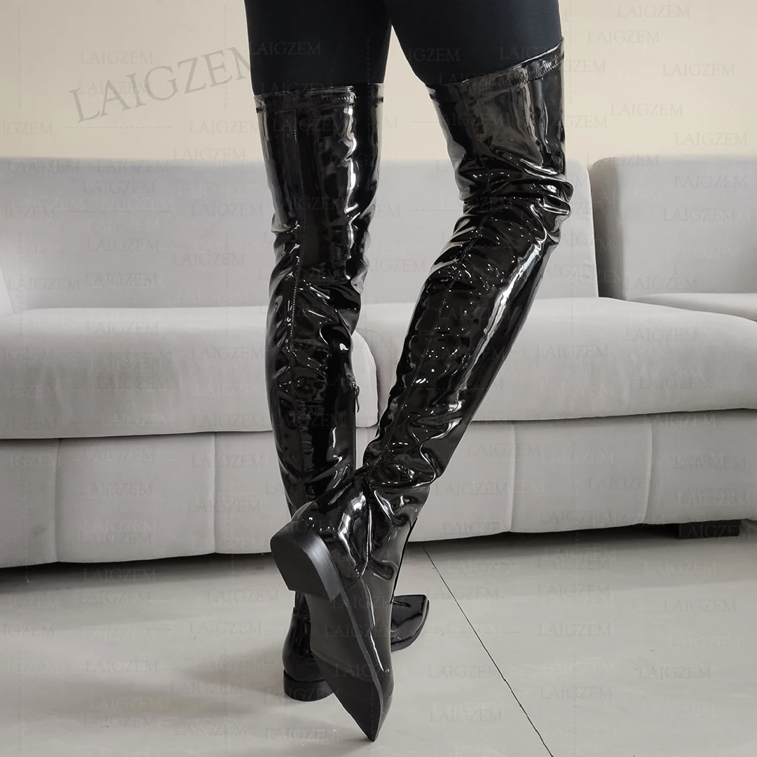 BERZIMER Women Thigh High Boots Side Zipper Low Heels Boots Over Knee Handmade Botas Ladies Shoes Woman Plus Size 37 41 43 45