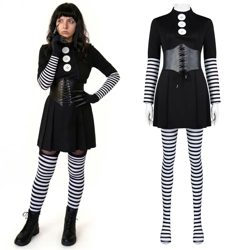 Game Clown Puppet Cosplay Costume Striped Dress Stockings Gloves Outfit Women Halloween Horror Party Carnival Role Play Suit