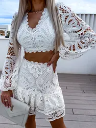 Sexy Hollow Out Lace Patchwork Skirts Two Piece Set Women Solid Color Slim Cropped Top A-line Short Skirt 2 Piece Sets Female