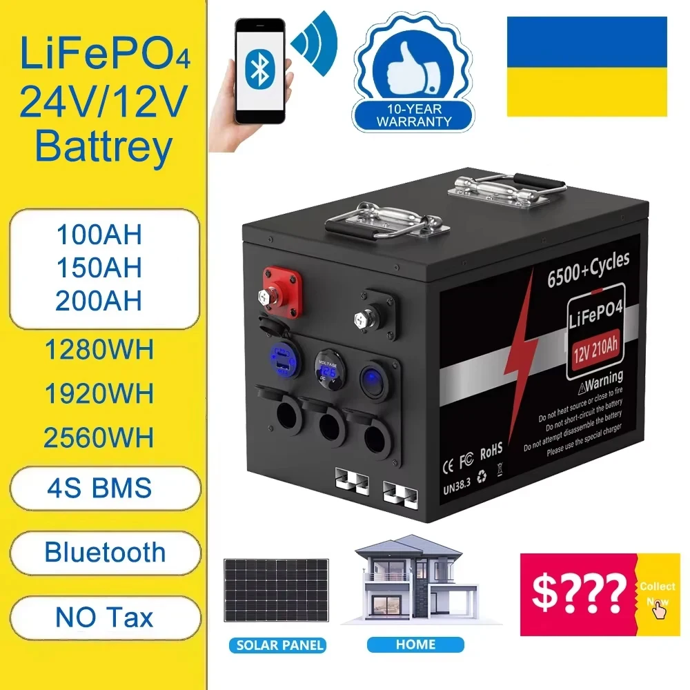 LiFePO4 24V 12V 100Ah 150Ah 200Ah 2.5KWH Bluetooth  6500+ Cycles Cells BMS LiFePO4 12.8V Lithium Battery UA Stock