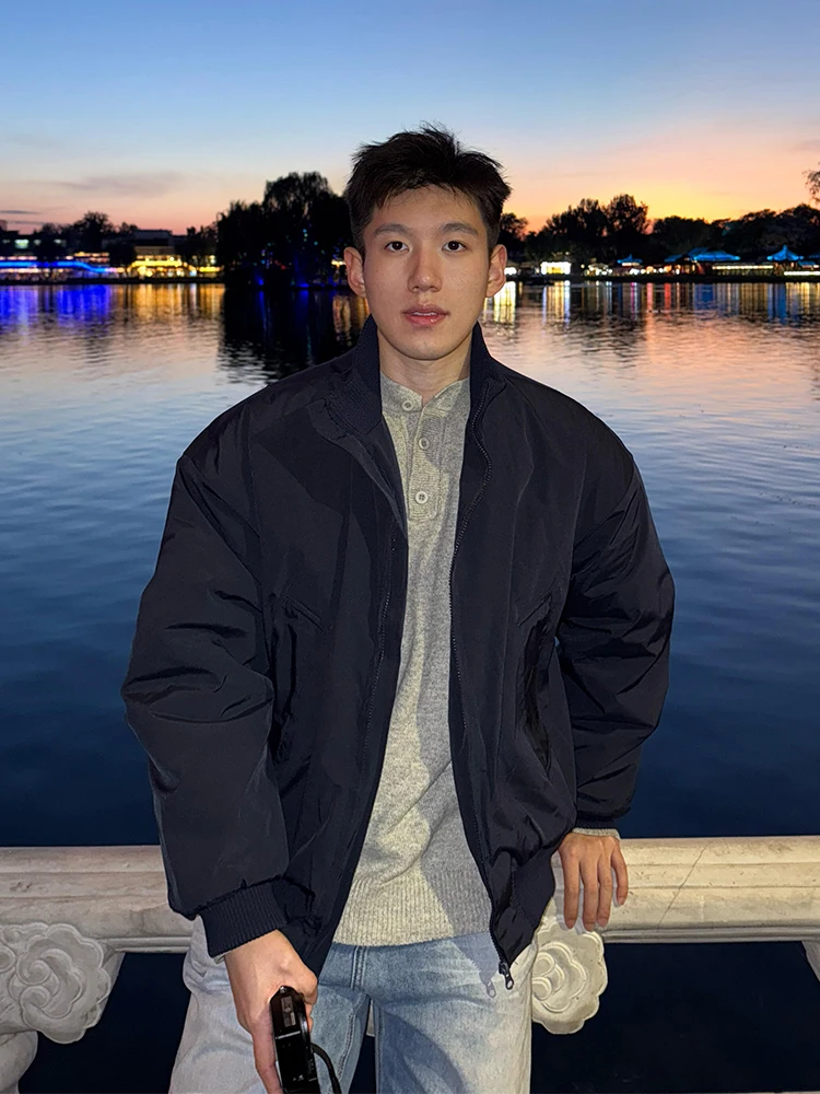 

Thiened American Sle Bomber down Jaet Men's ort Coat Qing Blue Color Stand Collar Warm Cotton Clothes for Autumn Winter