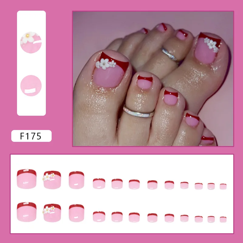 

24Pcs Square Toe Press on Nails - Classic French Tip with White Daisies and Red Border | European Elegance Style